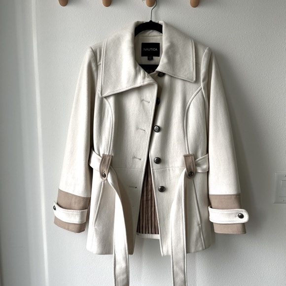 NauticaWomens Wool Coat, Single-Breasted, Ivory Cream, Winter Coat, Medium